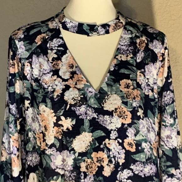 Navy Blue Floral Long Sleeve Top Key Hole Neck L - Picture 6 of 11